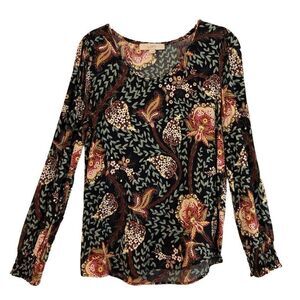 Loft Long Sleeved Floral Tropical Blouse Scoop neck Smock Sleeve Medium
